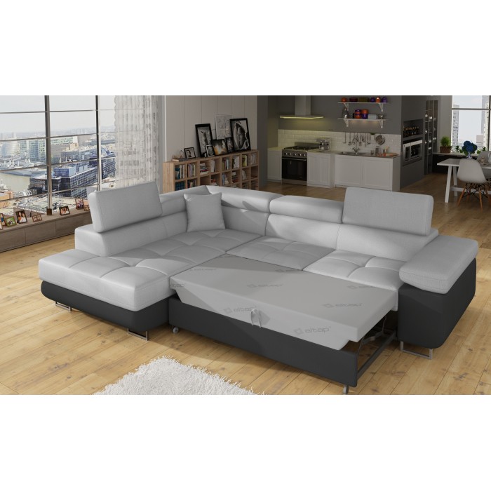Canapé d’angle convertible MENTON gris clair et gris foncé – Angle gauche avec coffre