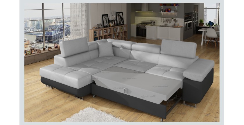 Canapé d’angle convertible MENTON gris clair et gris foncé – Angle gauche avec coffre