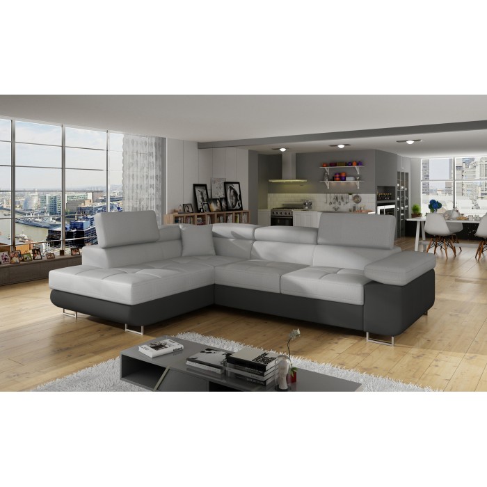Canapé d’angle convertible MENTON gris clair et gris foncé – Angle gauche avec coffre
