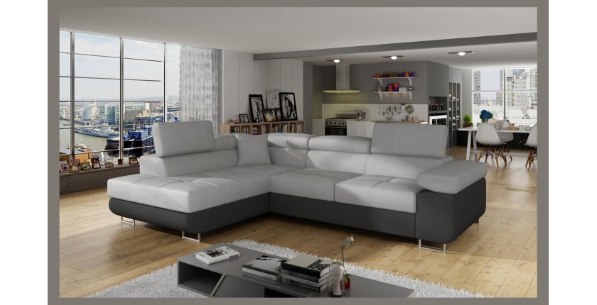 Canapé d’angle convertible MENTON gris clair et gris foncé – Angle gauche avec coffre