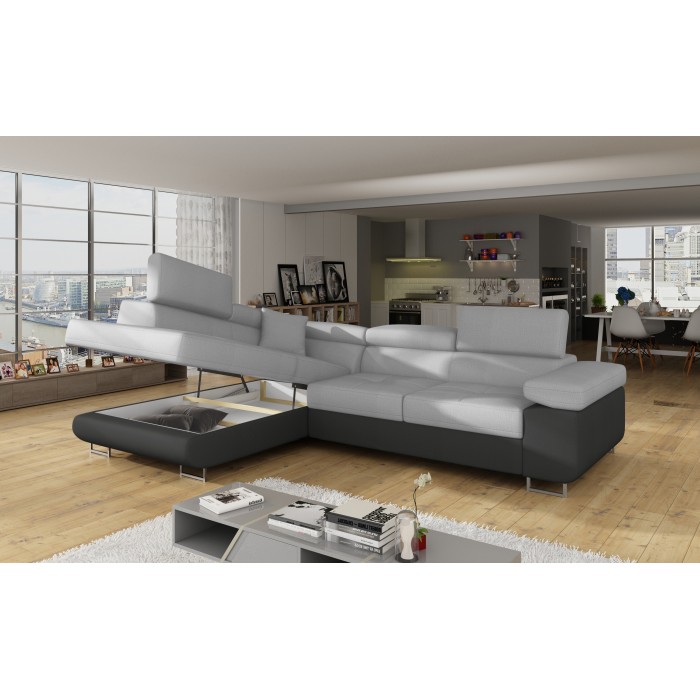 Canapé d’angle convertible MENTON gris clair et gris foncé – Angle gauche avec coffre