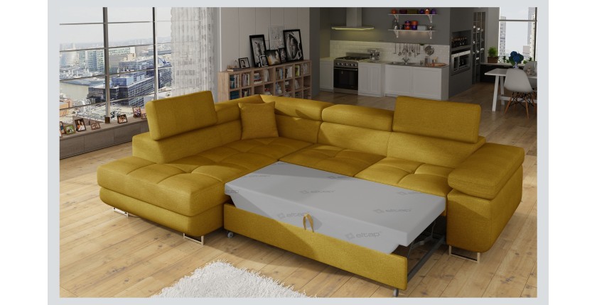 Canapé d’angle convertible MENTON jaune bouclette – Angle gauche avec coffre