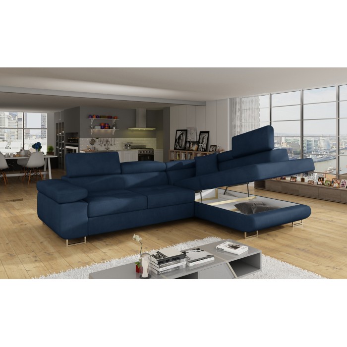 Canapé d’angle convertible MENTON bleu foncé bouclette – Angle droit avec coffre