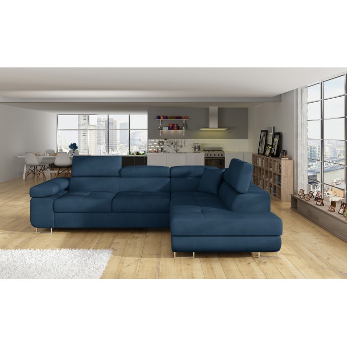 Canapé d’angle convertible MENTON bleu foncé bouclette – Angle droit avec coffre