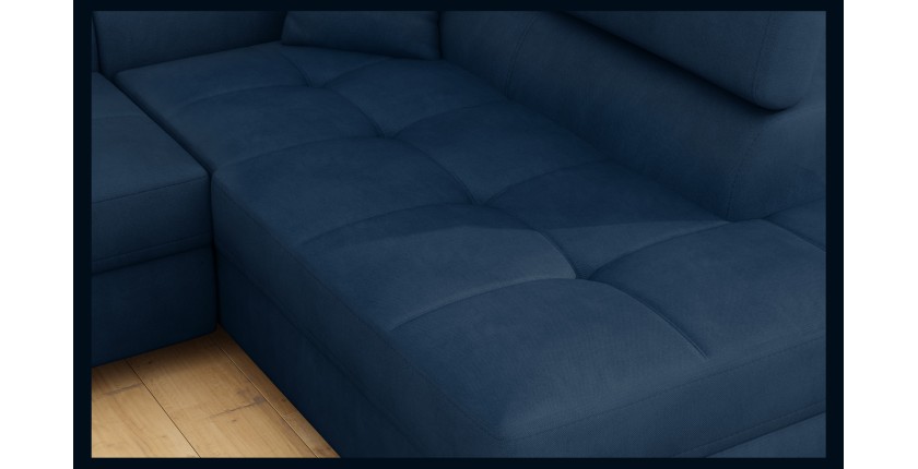 Canapé d’angle convertible MENTON bleu foncé bouclette – Angle droit avec coffre