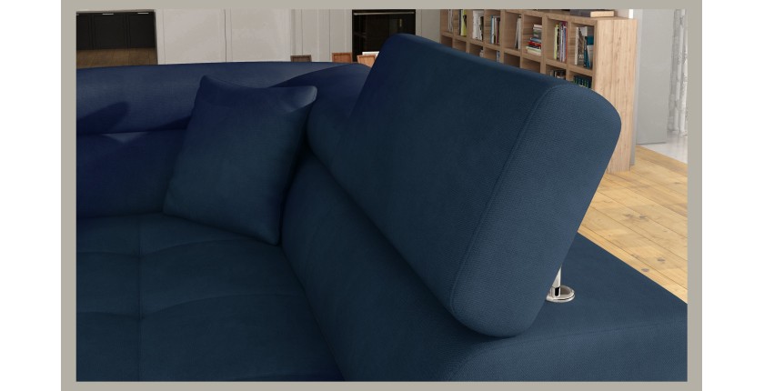 Canapé d’angle convertible MENTON bleu foncé bouclette – Angle droit avec coffre