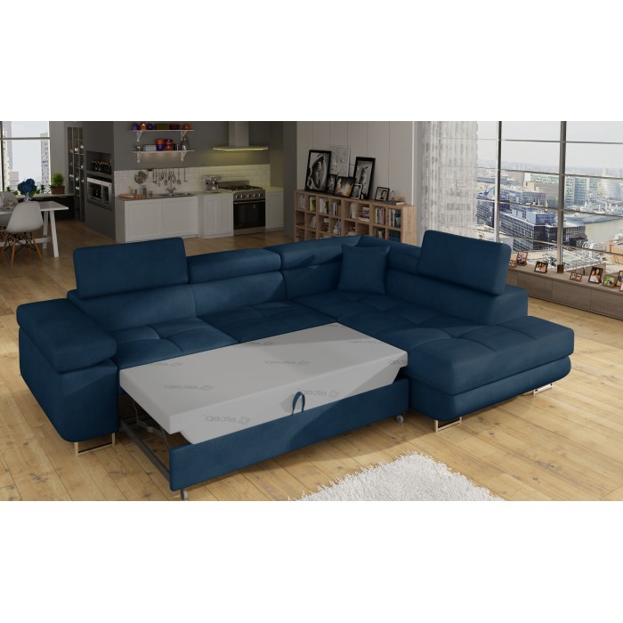Canapé d’angle convertible MENTON bleu foncé bouclette – Angle droit avec coffre