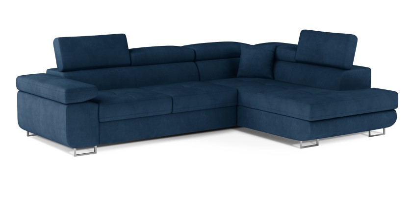 Canapé d’angle convertible MENTON bleu foncé bouclette – Angle droit avec coffre