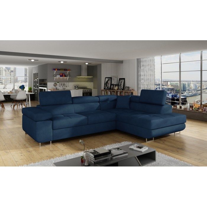 Canapé d’angle convertible MENTON bleu foncé bouclette – Angle droit avec coffre