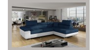 Canapé d’angle convertible MENTON bleu foncé et blanc bouclette – Angle droit avec coffre