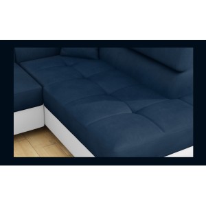 Canapé d’angle convertible MENTON bleu foncé et blanc bouclette – Angle droit avec coffre