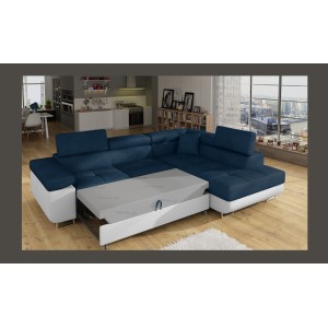 Canapé d’angle convertible MENTON bleu foncé et blanc bouclette – Angle droit avec coffre