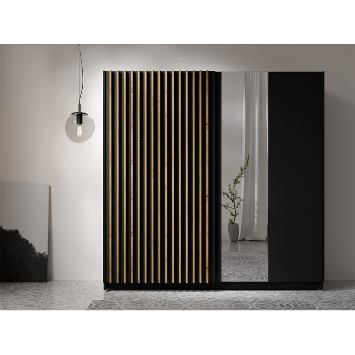 Armoire 2 portes coulissantes avec miroir 200 cm - noir et chêne - Collection STRANO
