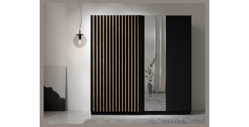 Armoire 2 portes coulissantes avec miroir 200 cm - noir et chêne - Collection STRANO