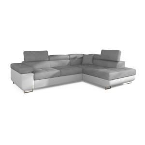 Canapé d’angle convertible MENTON gris et blanc velours – Angle droit avec coffre