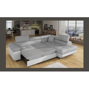 Canapé d’angle convertible MENTON gris et blanc velours – Angle droit avec coffre