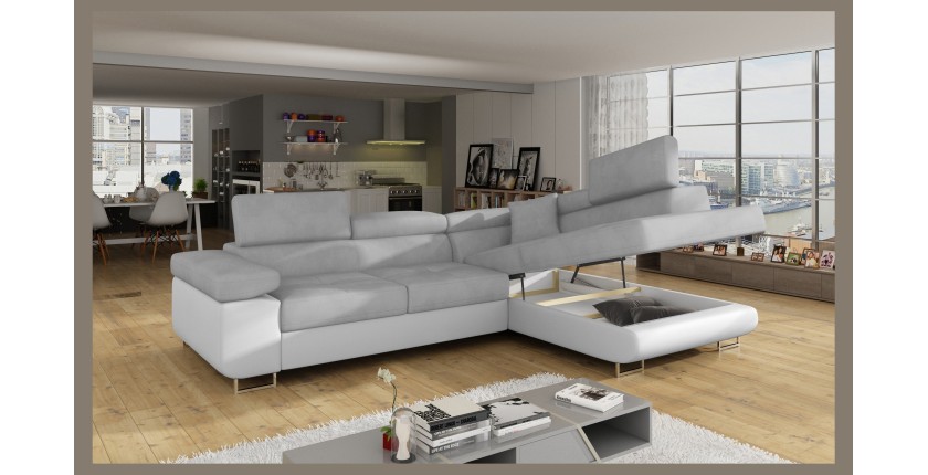 Canapé d’angle convertible MENTON gris et blanc velours – Angle droit avec coffre