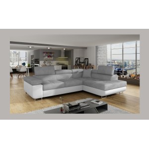 Canapé d’angle convertible MENTON gris et blanc velours – Angle droit avec coffre