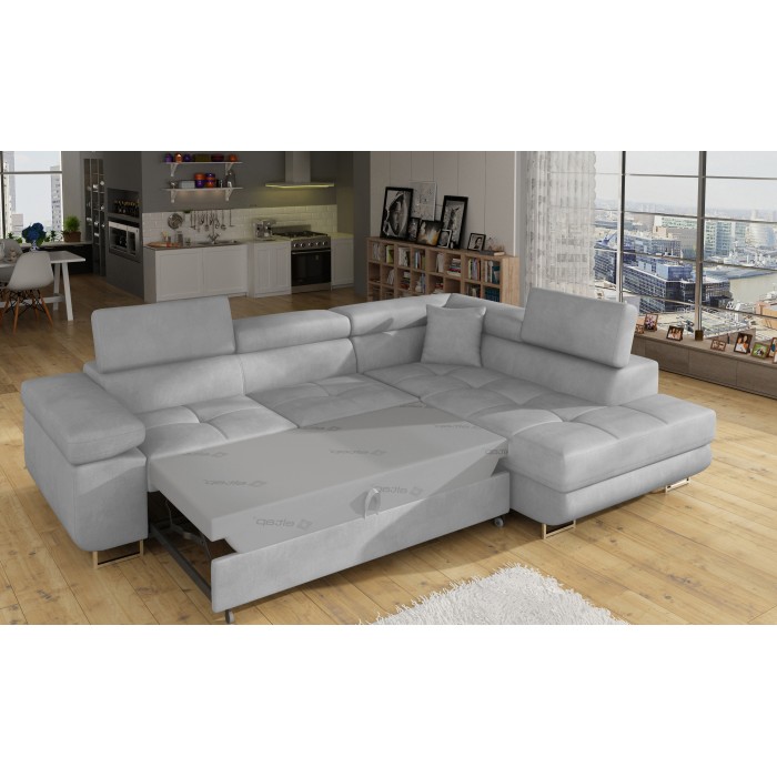 Canapé d’angle convertible MENTON gris velours – Angle droit avec coffre