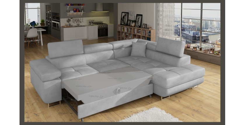 Canapé d’angle convertible MENTON gris velours – Angle droit avec coffre
