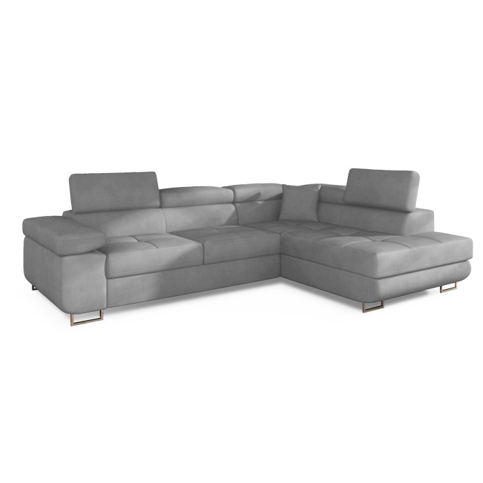 Canapé d’angle convertible MENTON gris velours – Angle droit avec coffre