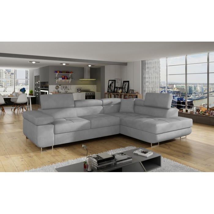 Canapé d’angle convertible MENTON gris velours – Angle droit avec coffre