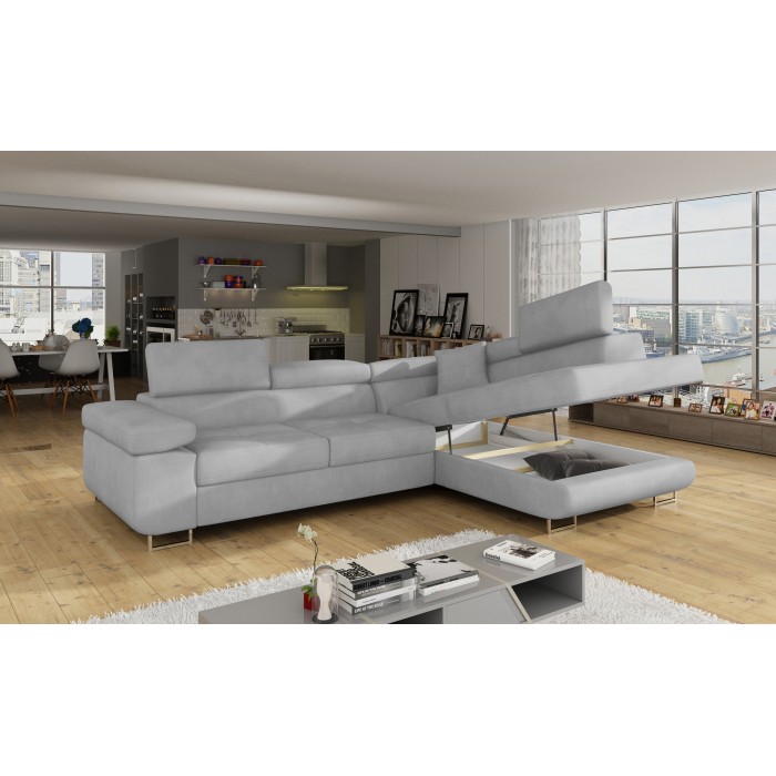 Canapé d’angle convertible MENTON gris velours – Angle droit avec coffre