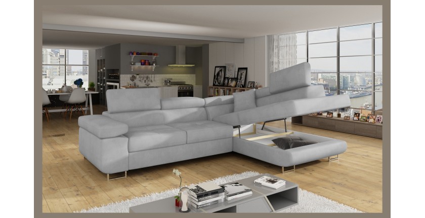 Canapé d’angle convertible MENTON gris velours – Angle droit avec coffre