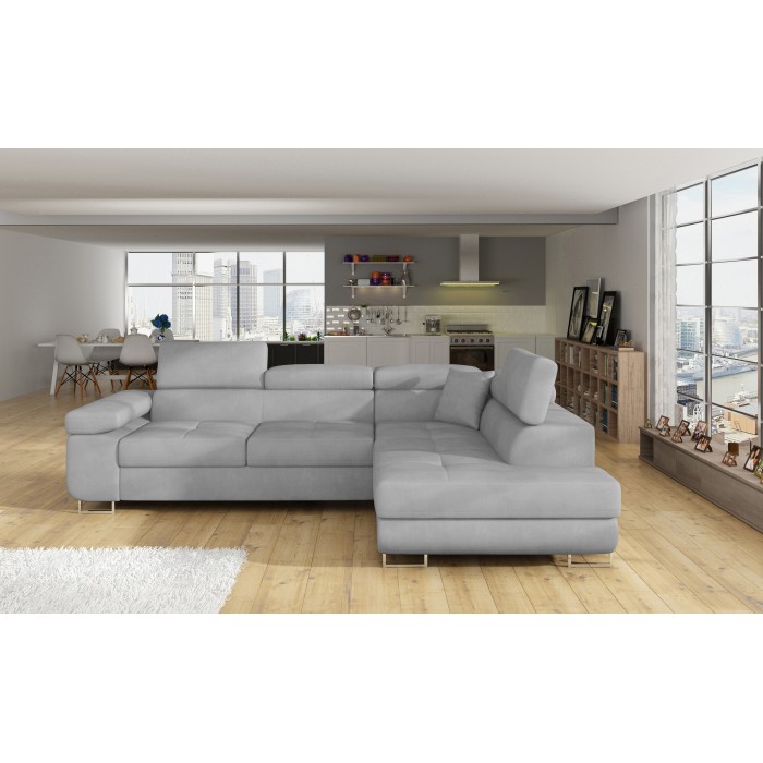 Canapé d’angle convertible MENTON gris velours – Angle droit avec coffre