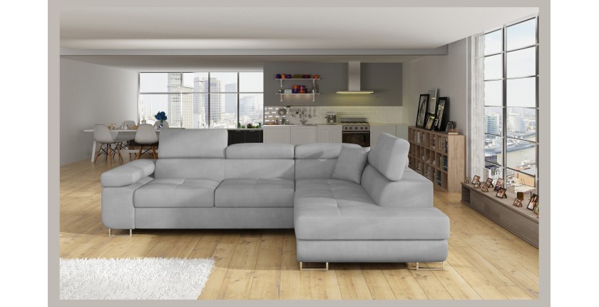 Canapé d’angle convertible MENTON gris velours – Angle droit avec coffre