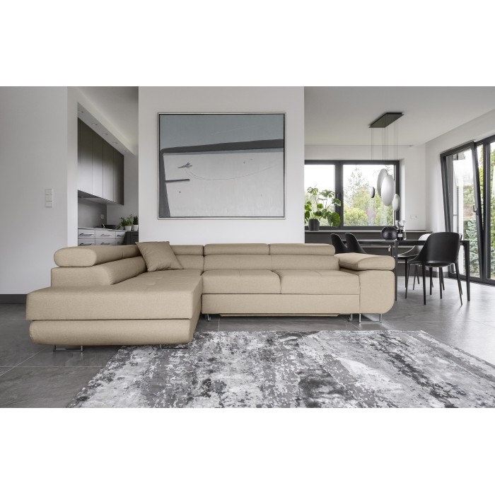 Canapé d’angle convertible MENTON beige velours – Angle gauche avec coffre