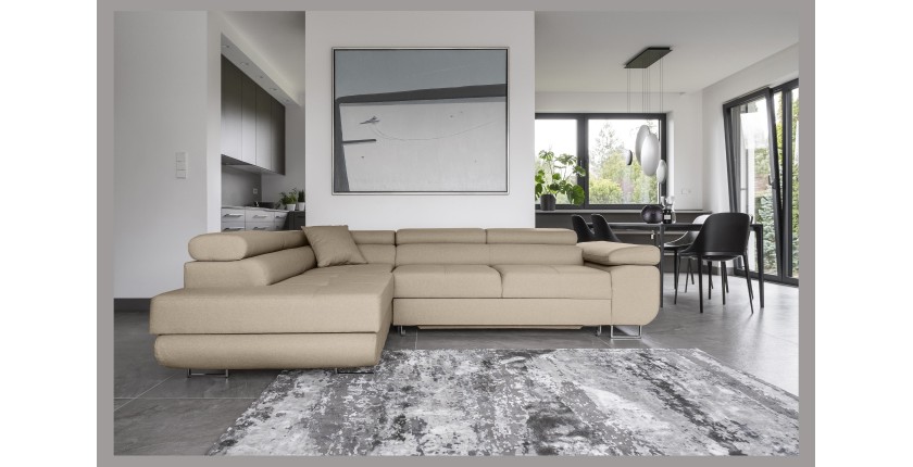 Canapé d’angle convertible MENTON beige velours – Angle gauche avec coffre