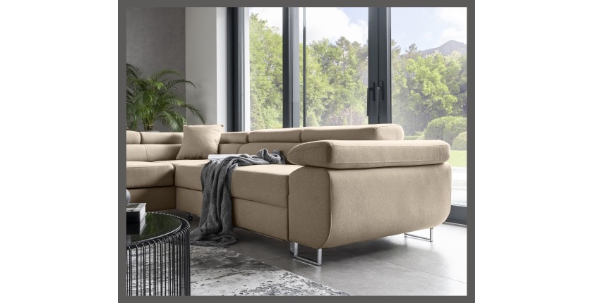 Canapé d’angle convertible MENTON beige velours – Angle gauche avec coffre