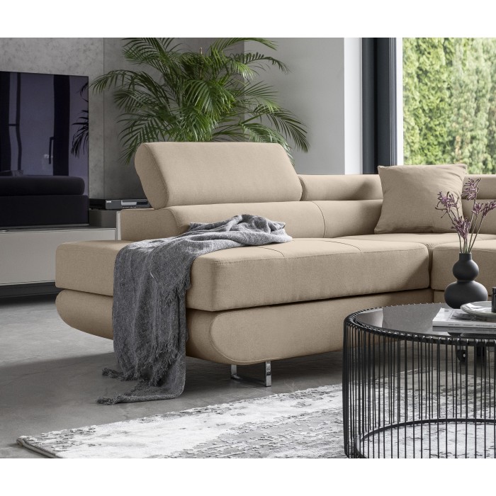 Canapé d’angle convertible MENTON beige velours – Angle gauche avec coffre