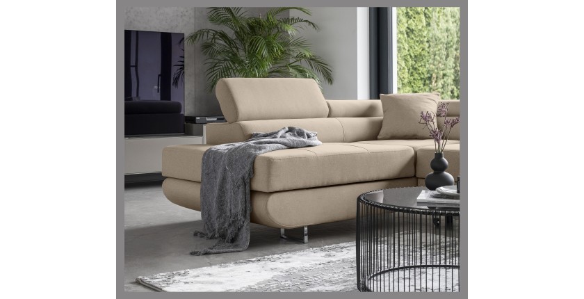 Canapé d’angle convertible MENTON beige velours – Angle gauche avec coffre