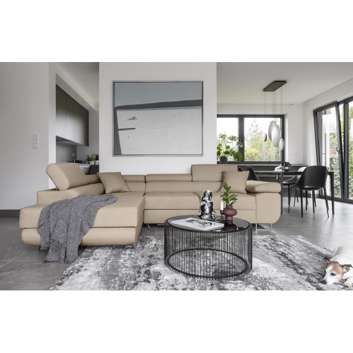 Canapé d’angle convertible MENTON beige velours – Angle gauche avec coffre