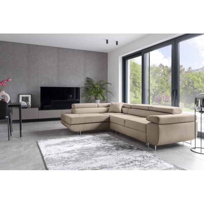 Canapé d’angle convertible MENTON beige velours – Angle gauche avec coffre