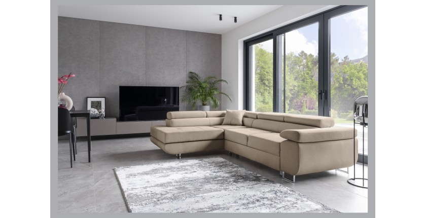 Canapé d’angle convertible MENTON beige velours – Angle gauche avec coffre