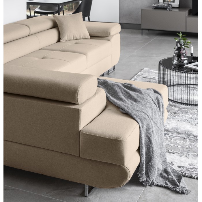 Canapé d’angle convertible MENTON beige velours – Angle gauche avec coffre