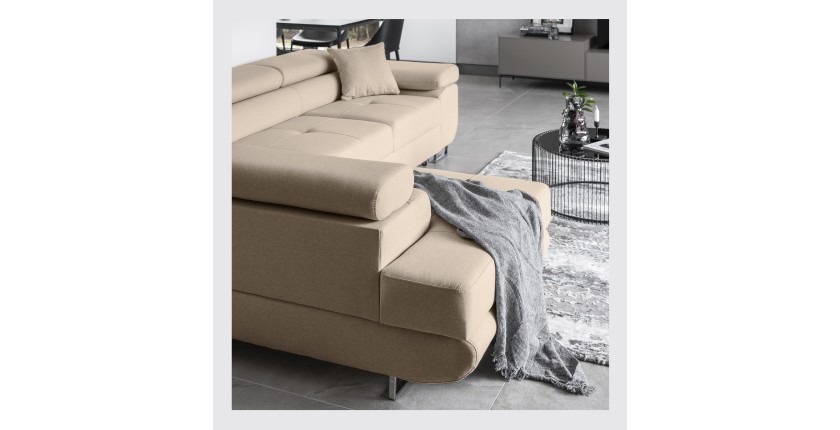 Canapé d’angle convertible MENTON beige velours – Angle gauche avec coffre