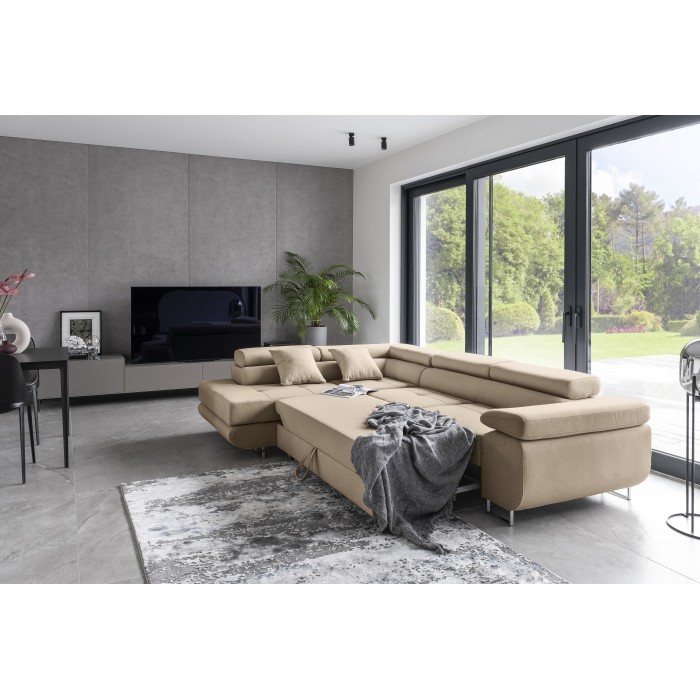 Canapé d’angle convertible MENTON beige velours – Angle gauche avec coffre