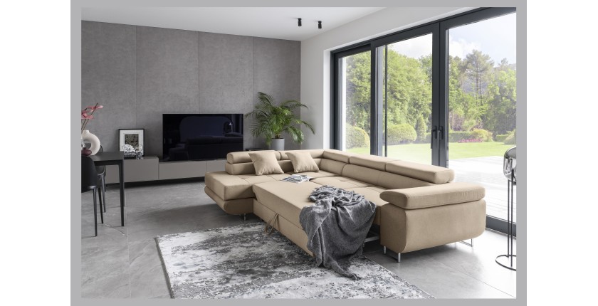 Canapé d’angle convertible MENTON beige velours – Angle gauche avec coffre
