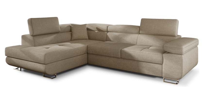 Canapé d’angle convertible MENTON beige velours – Angle gauche avec coffre