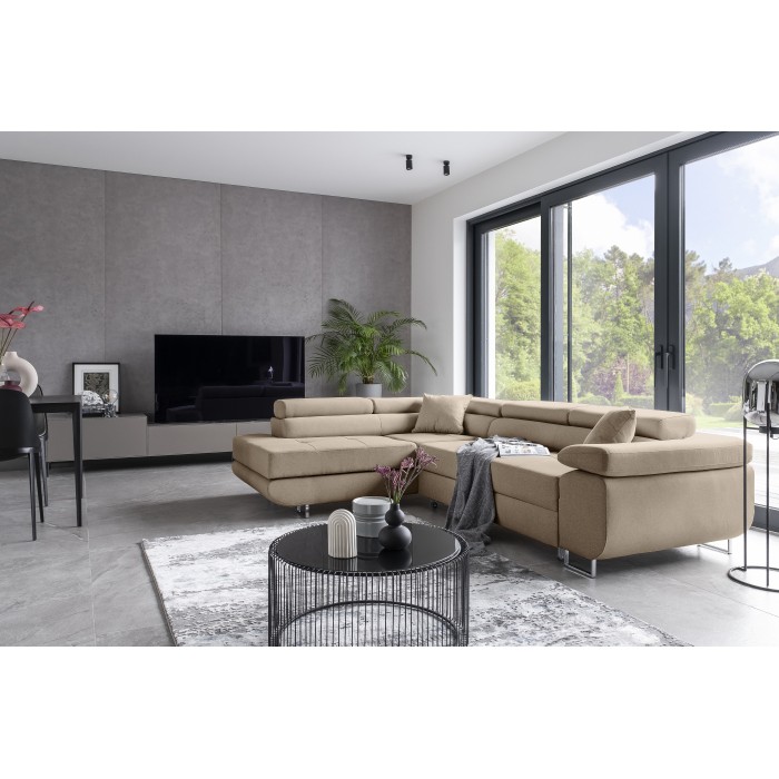 Canapé d’angle convertible MENTON beige velours – Angle gauche avec coffre