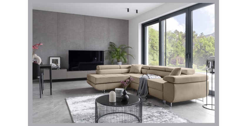 Canapé d’angle convertible MENTON beige velours – Angle gauche avec coffre