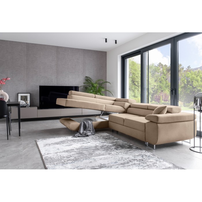 Canapé d’angle convertible MENTON beige velours – Angle gauche avec coffre
