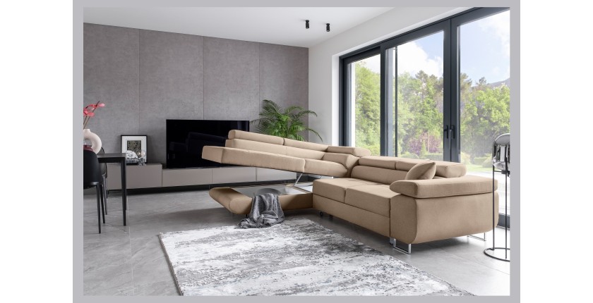 Canapé d’angle convertible MENTON beige velours – Angle gauche avec coffre