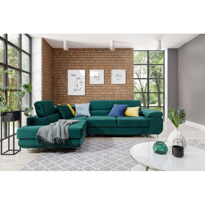 Canapé d’angle convertible MENTON vert canard velours – Angle gauche avec coffre