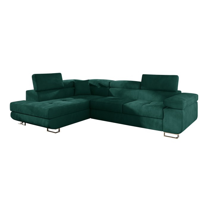 Canapé d’angle convertible MENTON vert canard velours – Angle gauche avec coffre