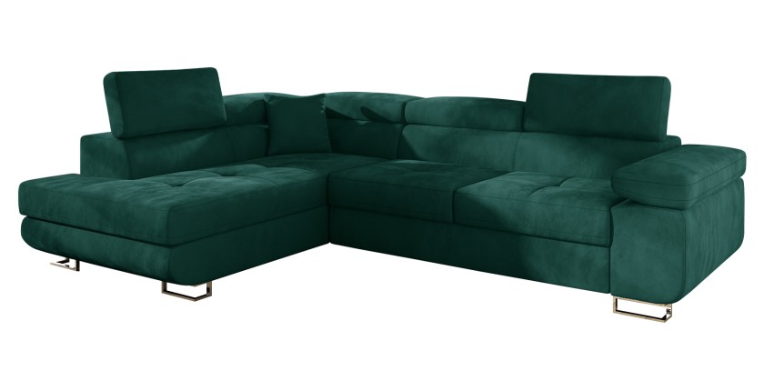 Canapé d’angle convertible MENTON vert canard velours – Angle gauche avec coffre